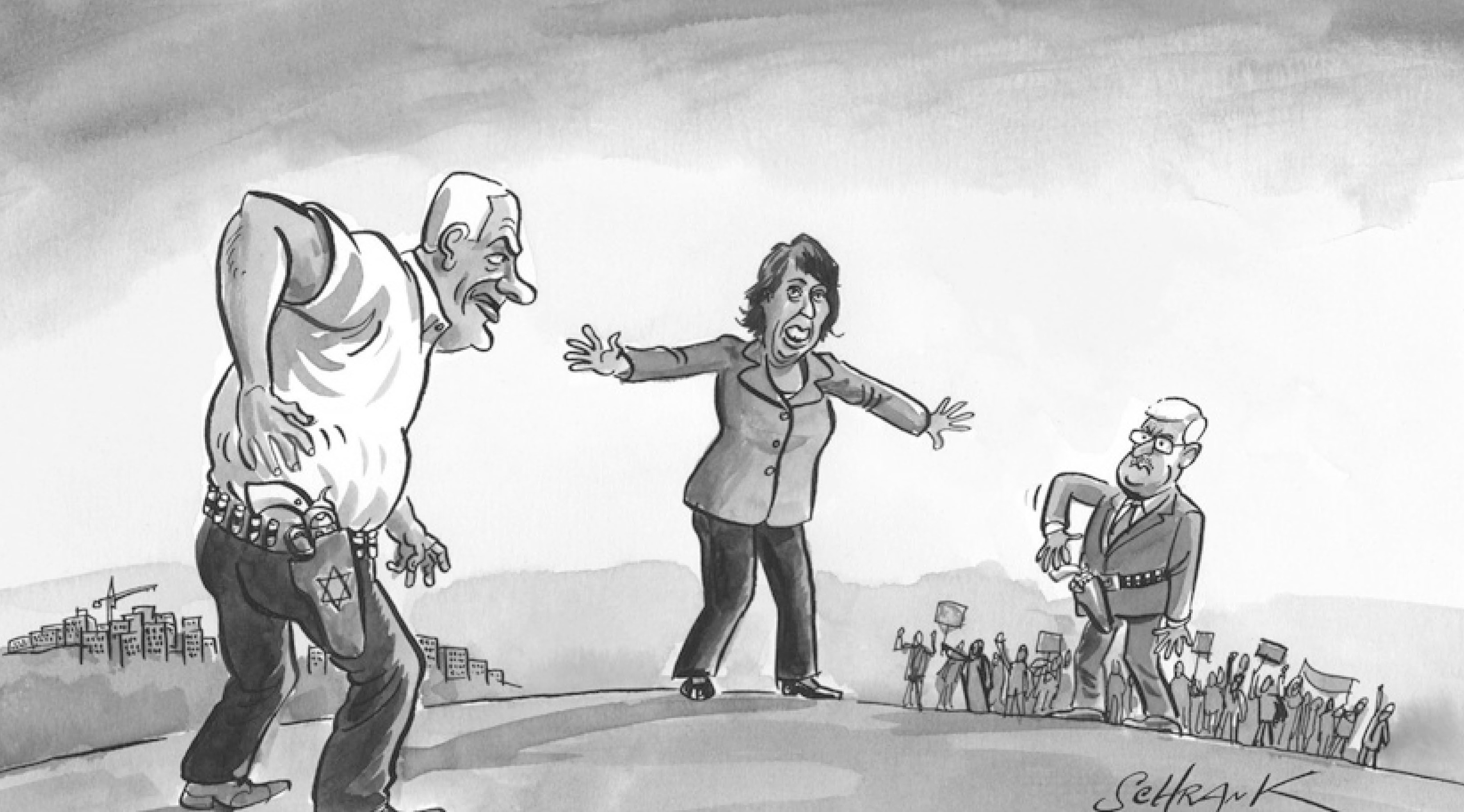 Cartoon published in The Economist magazine showing Catherine Ashton, the EU’s top foreign policy official, attempting to get in between an old-fashioned gunfight between the leaders of Israel and Palestine.