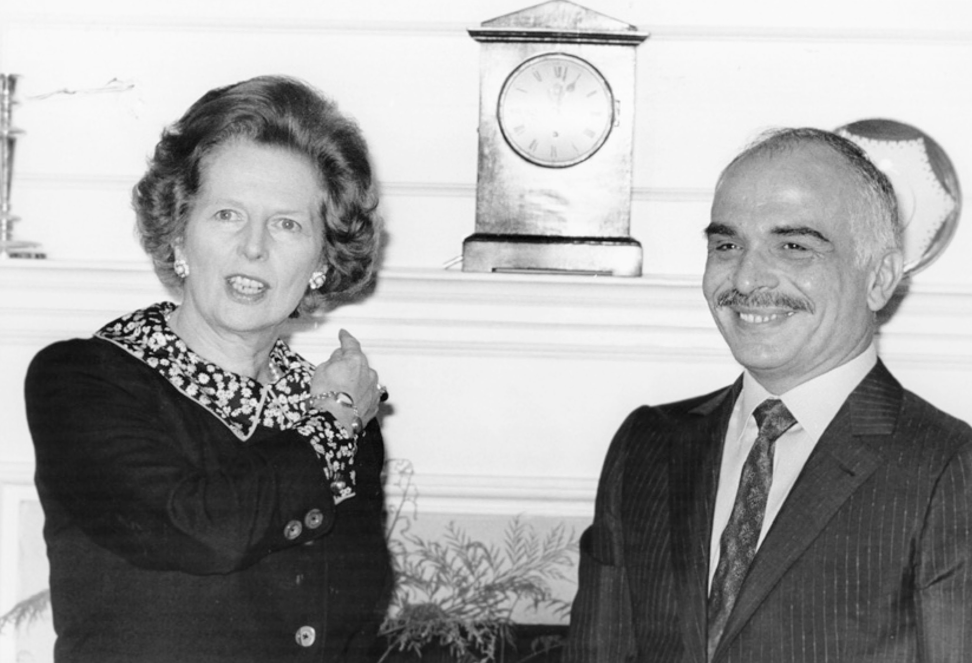 British Prime Minister Margaret Thatcher with Jordan’s King Hussein at 10 Downing Street.