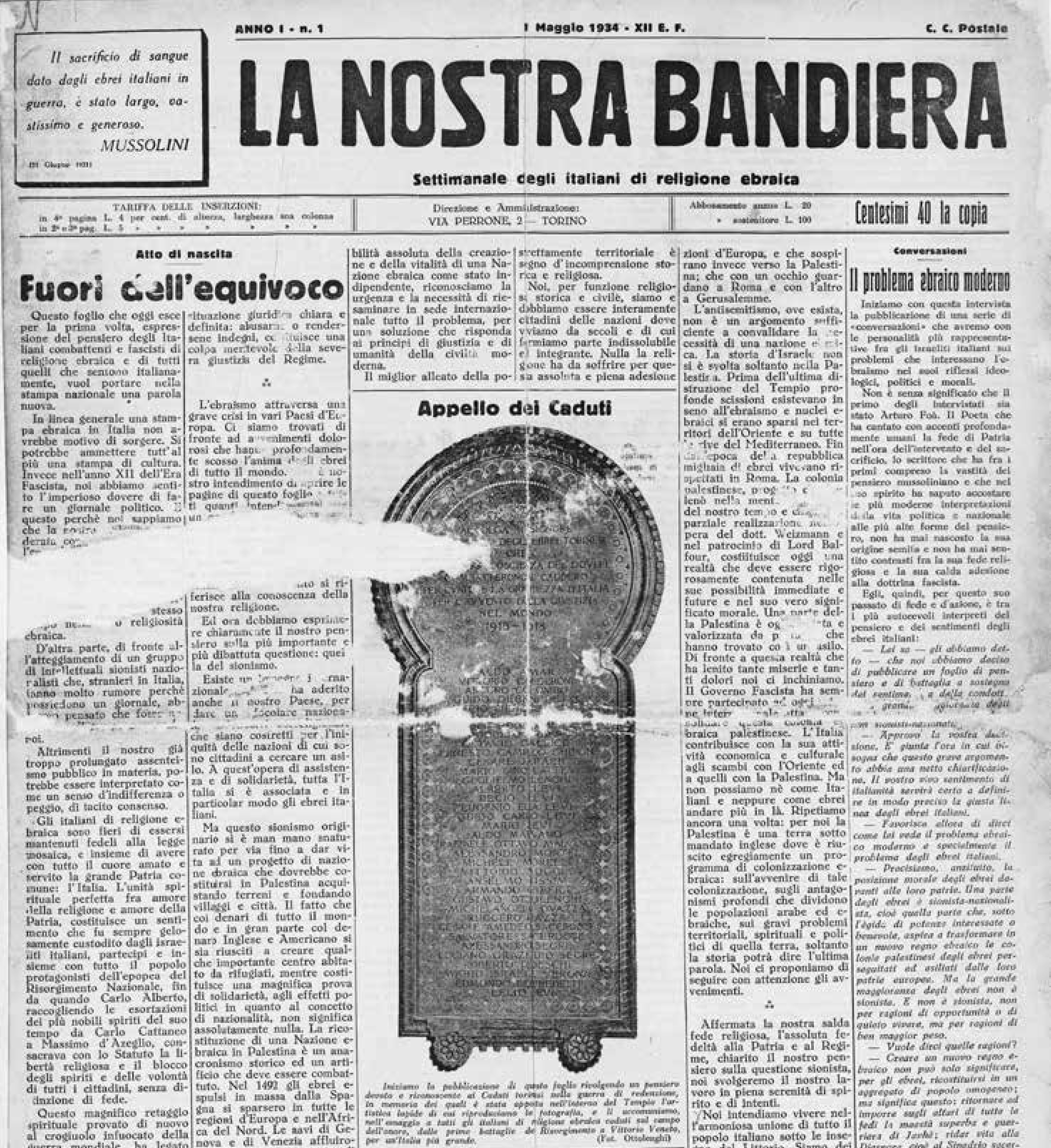 Titelblatt der Erstausgabe der La nostra bandiera vom 1. Mai 1934