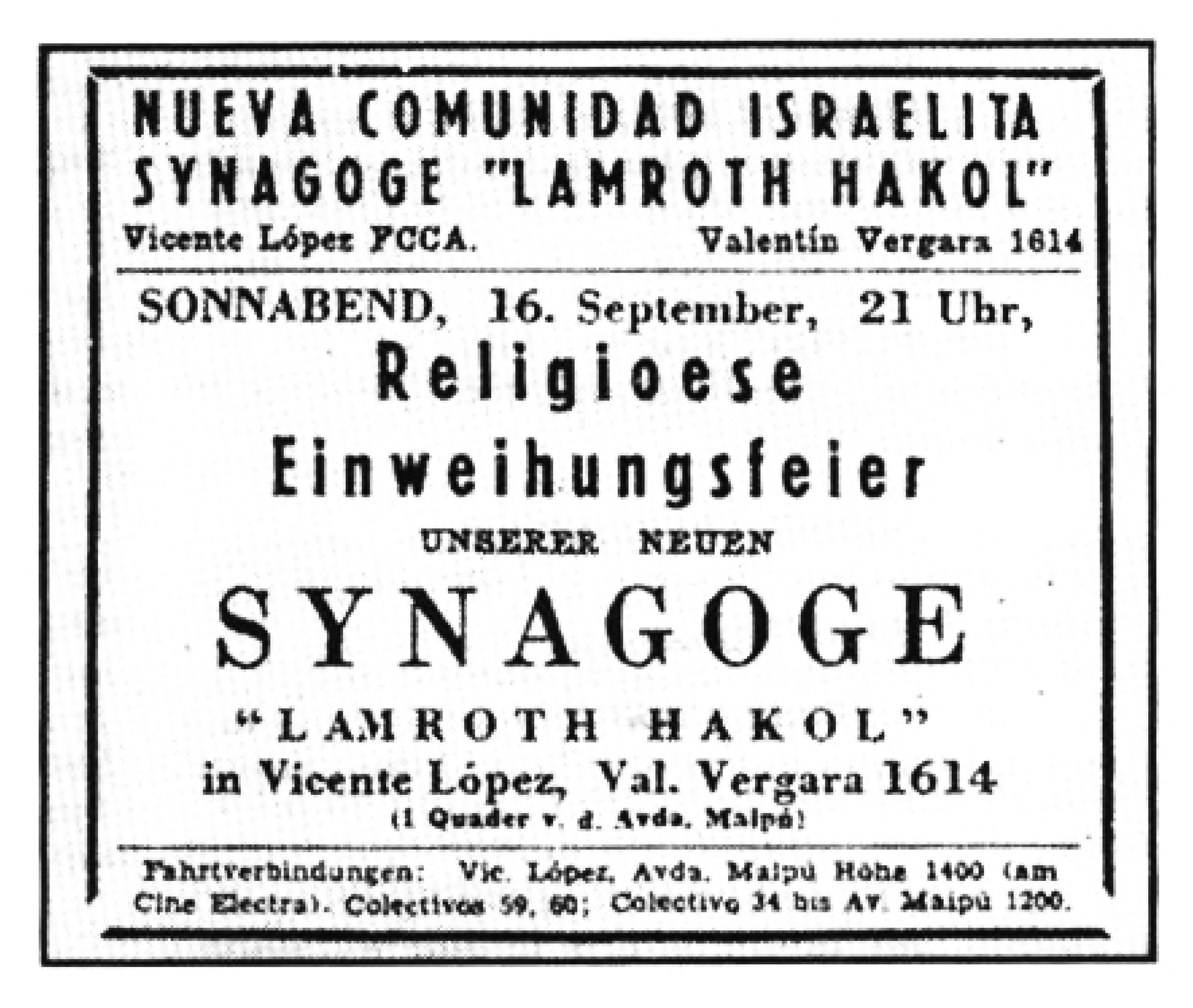 Anzeige zur Einweihung der Synagoge in Vicente López, Argentinien